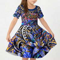 American Samoa Warrior Kid Short Sleeve Dress Polynesian Fruit Bat Talofa Urban Graffiti Street Art TS04 KID Blue Yellow - Polynesian Pride