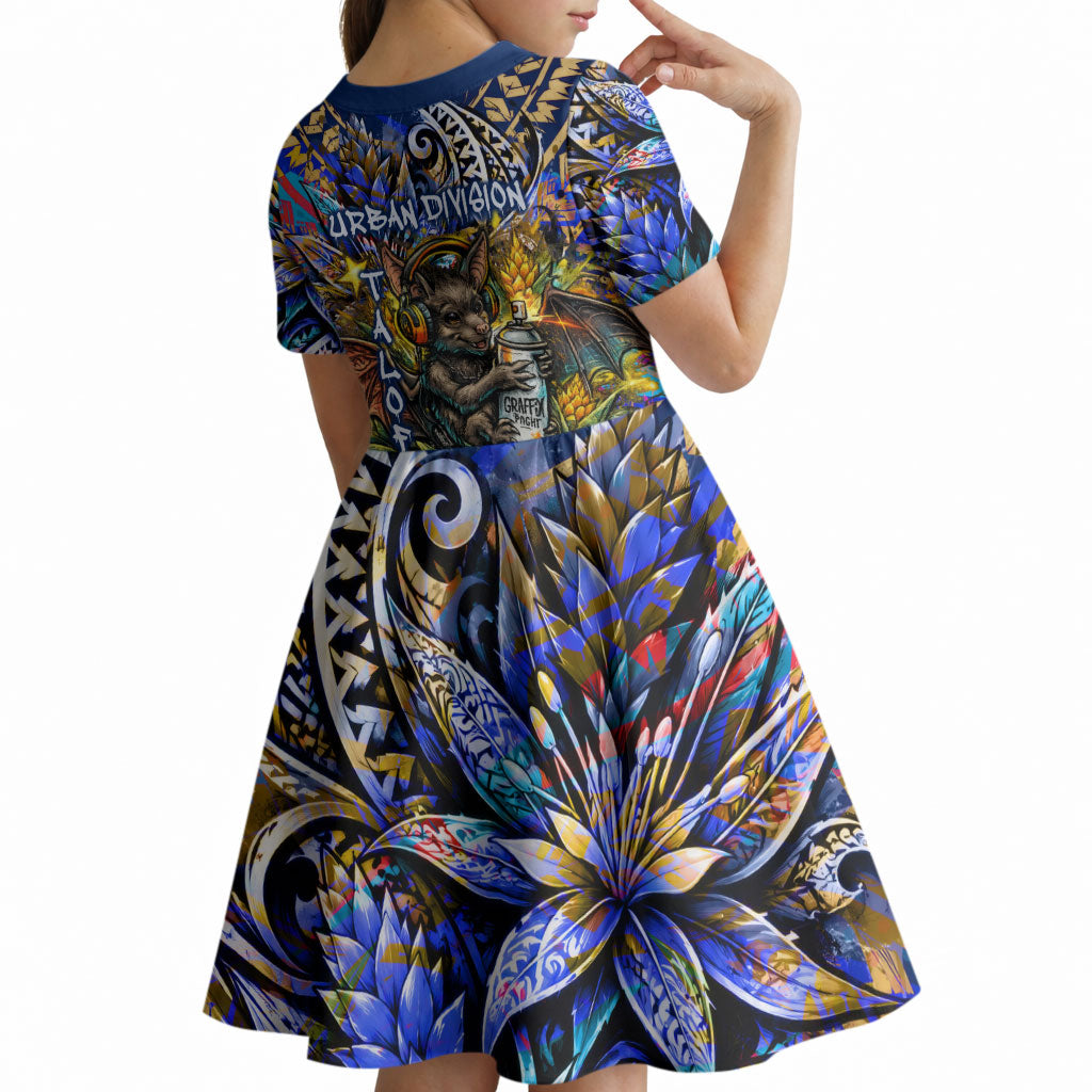 American Samoa Warrior Kid Short Sleeve Dress Polynesian Fruit Bat Talofa Urban Graffiti Street Art TS04 - Polynesian Pride