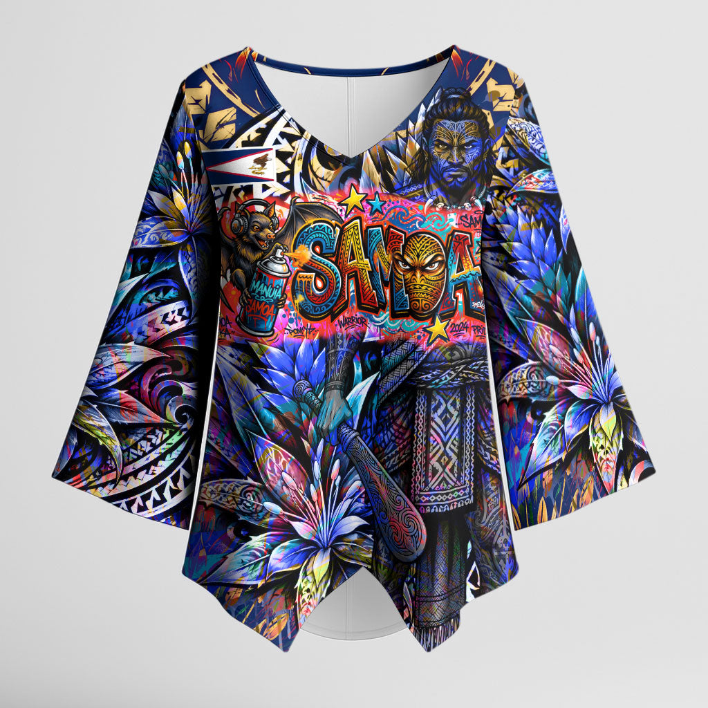 American Samoa Warrior Kimono Sleeve Blouse Polynesian Fruit Bat Talofa Urban Graffiti Street Art TS04 Female Blue Yellow - Polynesian Pride