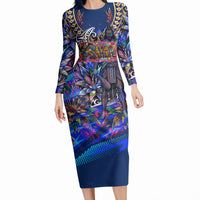 American Samoa Warrior Long Sleeve Bodycon Dress Polynesian Fruit Bat Talofa Urban Graffiti Street Art TS04 Long Dress Blue Yellow - Polynesian Pride