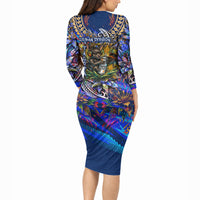 American Samoa Warrior Long Sleeve Bodycon Dress Polynesian Fruit Bat Talofa Urban Graffiti Street Art TS04 - Polynesian Pride