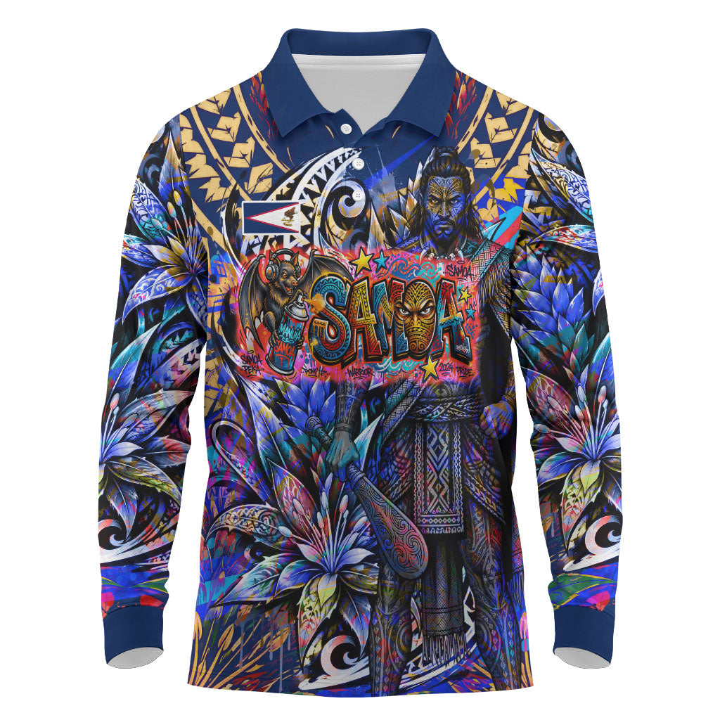 American Samoa Warrior Long Sleeve Polo Shirt Polynesian Fruit Bat Talofa Urban Graffiti Street Art TS04 Blue Yellow - Polynesian Pride