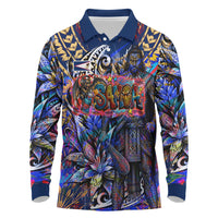 American Samoa Warrior Long Sleeve Polo Shirt Polynesian Fruit Bat Talofa Urban Graffiti Street Art TS04 Blue Yellow - Polynesian Pride