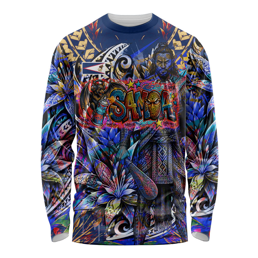 American Samoa Warrior Long Sleeve Shirt Polynesian Fruit Bat Talofa Urban Graffiti Street Art TS04 Unisex Blue Yellow - Polynesian Pride