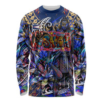 American Samoa Warrior Long Sleeve Shirt Polynesian Fruit Bat Talofa Urban Graffiti Street Art TS04 Unisex Blue Yellow - Polynesian Pride