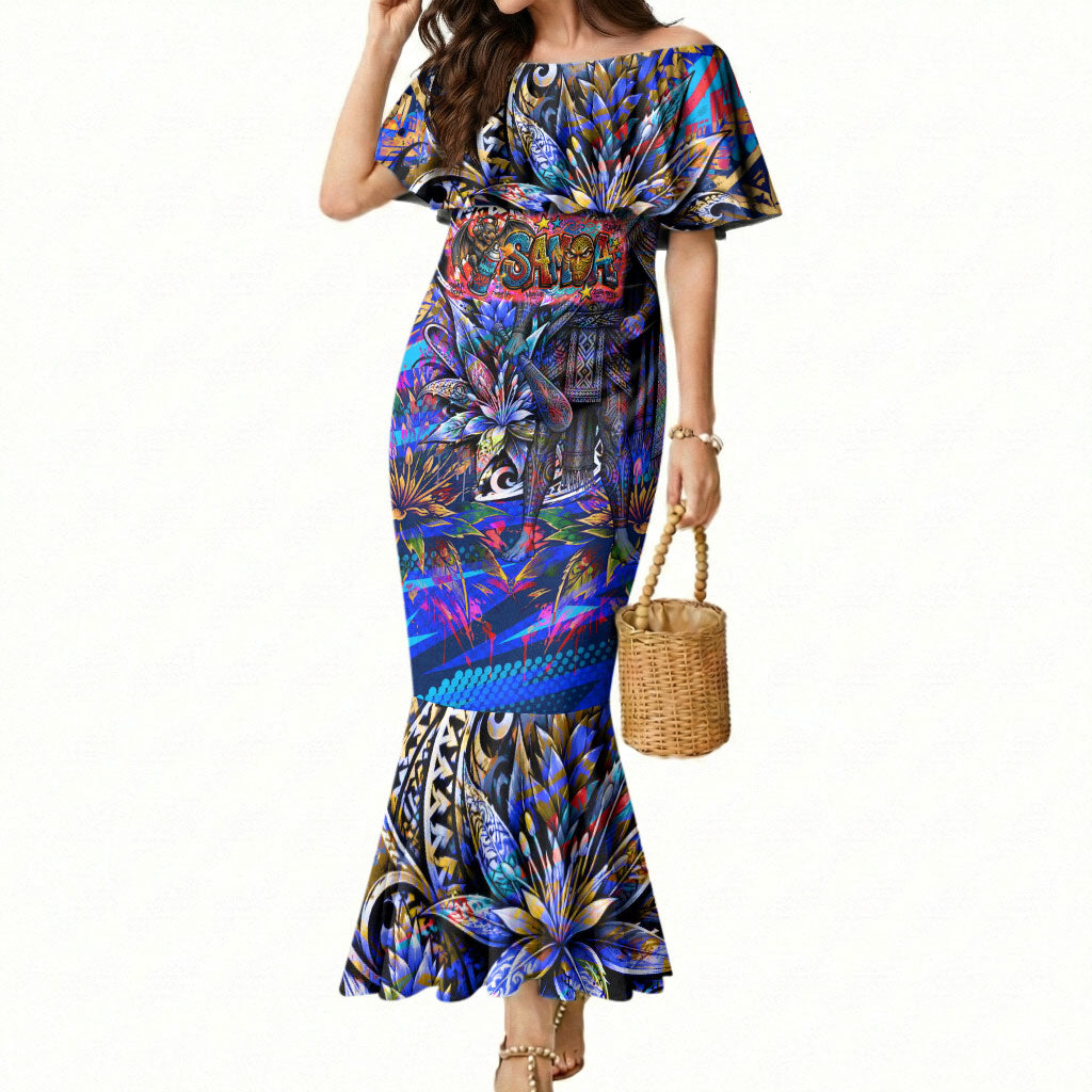 American Samoa Warrior Mermaid Dress Polynesian Fruit Bat Talofa Urban Graffiti Street Art TS04 Women Blue Yellow - Polynesian Pride