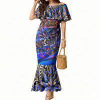 American Samoa Warrior Mermaid Dress Polynesian Fruit Bat Talofa Urban Graffiti Street Art TS04 Women Blue Yellow - Polynesian Pride