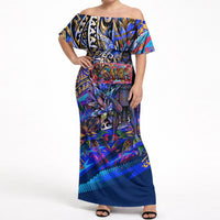 American Samoa Warrior Off Shoulder Maxi Dress Polynesian Fruit Bat Talofa Urban Graffiti Street Art TS04 Women Blue Yellow - Polynesian Pride