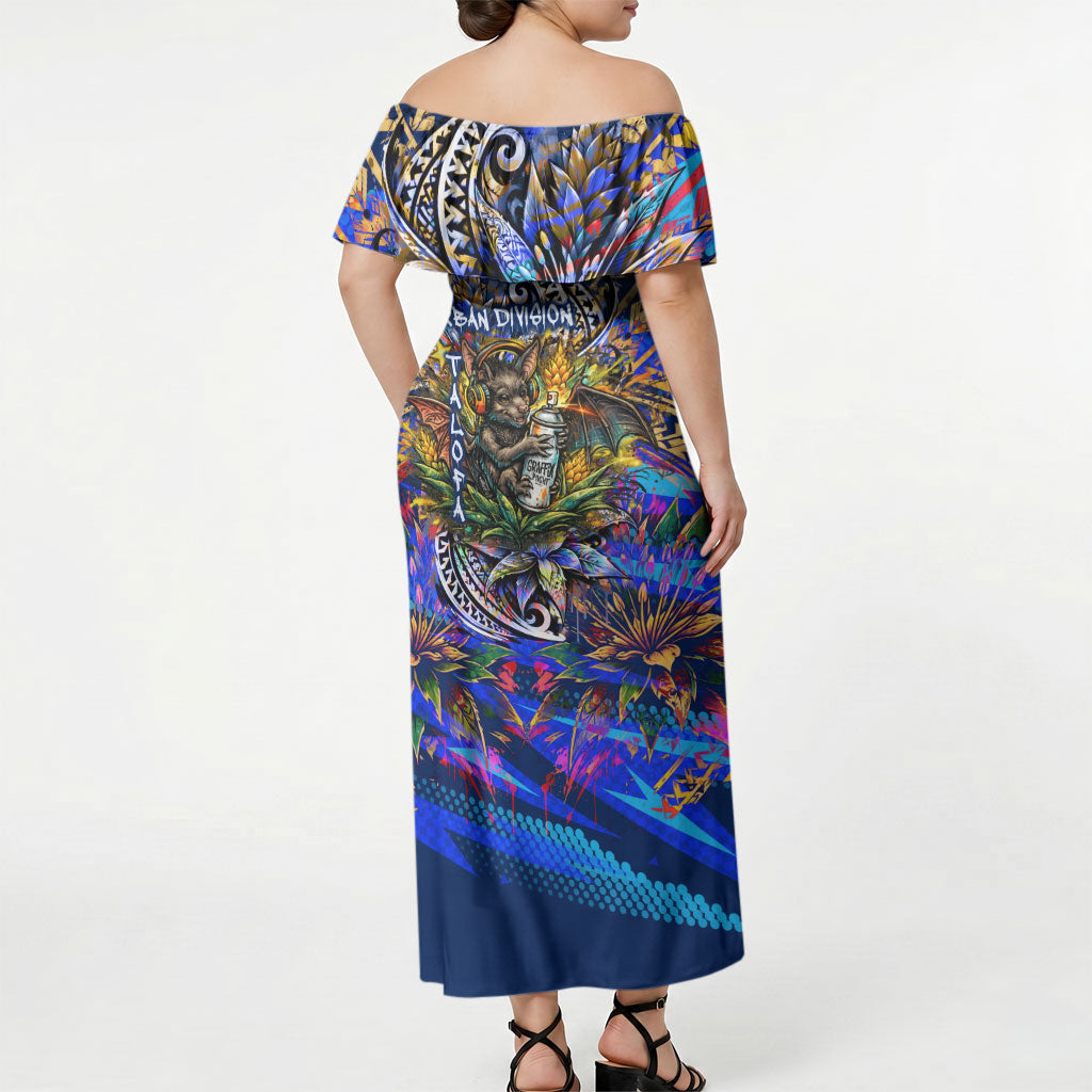 American Samoa Warrior Off Shoulder Maxi Dress Polynesian Fruit Bat Talofa Urban Graffiti Street Art TS04 - Polynesian Pride