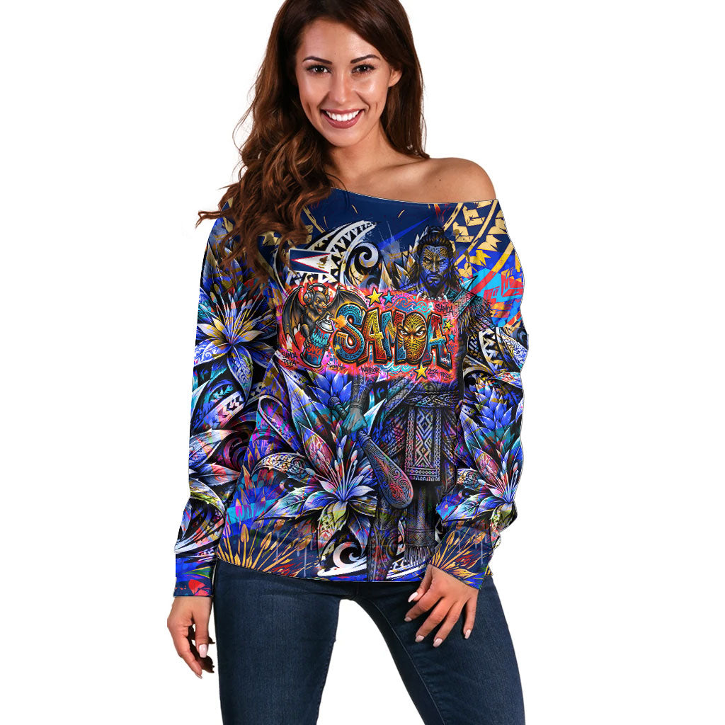 American Samoa Warrior Off Shoulder Sweater Polynesian Fruit Bat Talofa Urban Graffiti Street Art TS04 Women Blue Yellow - Polynesian Pride