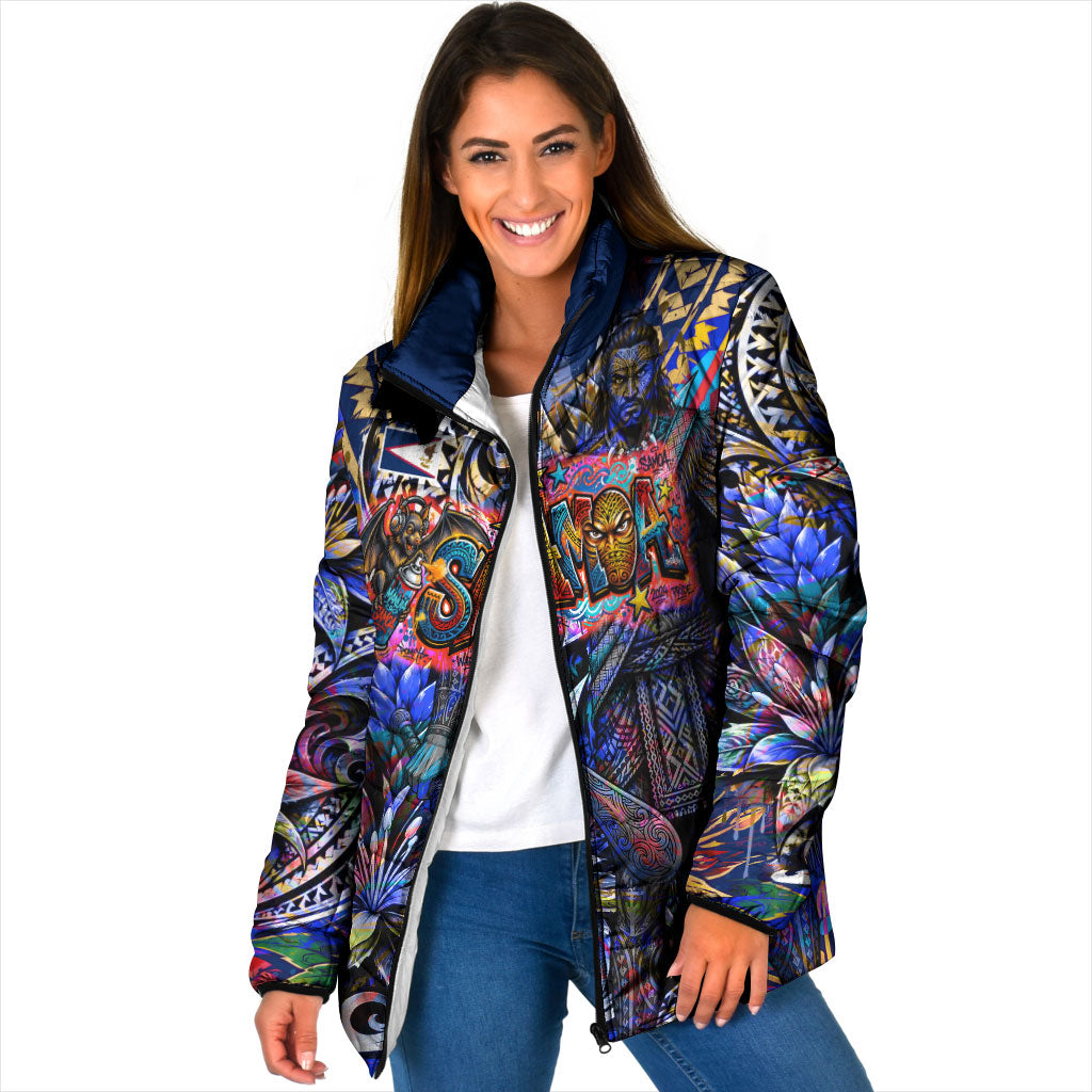 American Samoa Warrior Padded Jacket Polynesian Fruit Bat Talofa Urban Graffiti Street Art TS04 Women Blue Yellow - Polynesian Pride