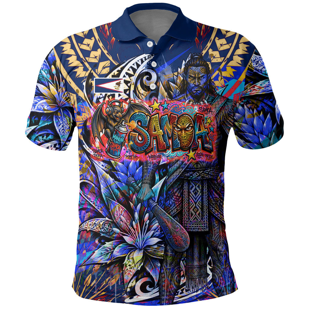 American Samoa Warrior Polo Shirt Polynesian Fruit Bat Talofa Urban Graffiti Street Art TS04 Blue Yellow - Polynesian Pride