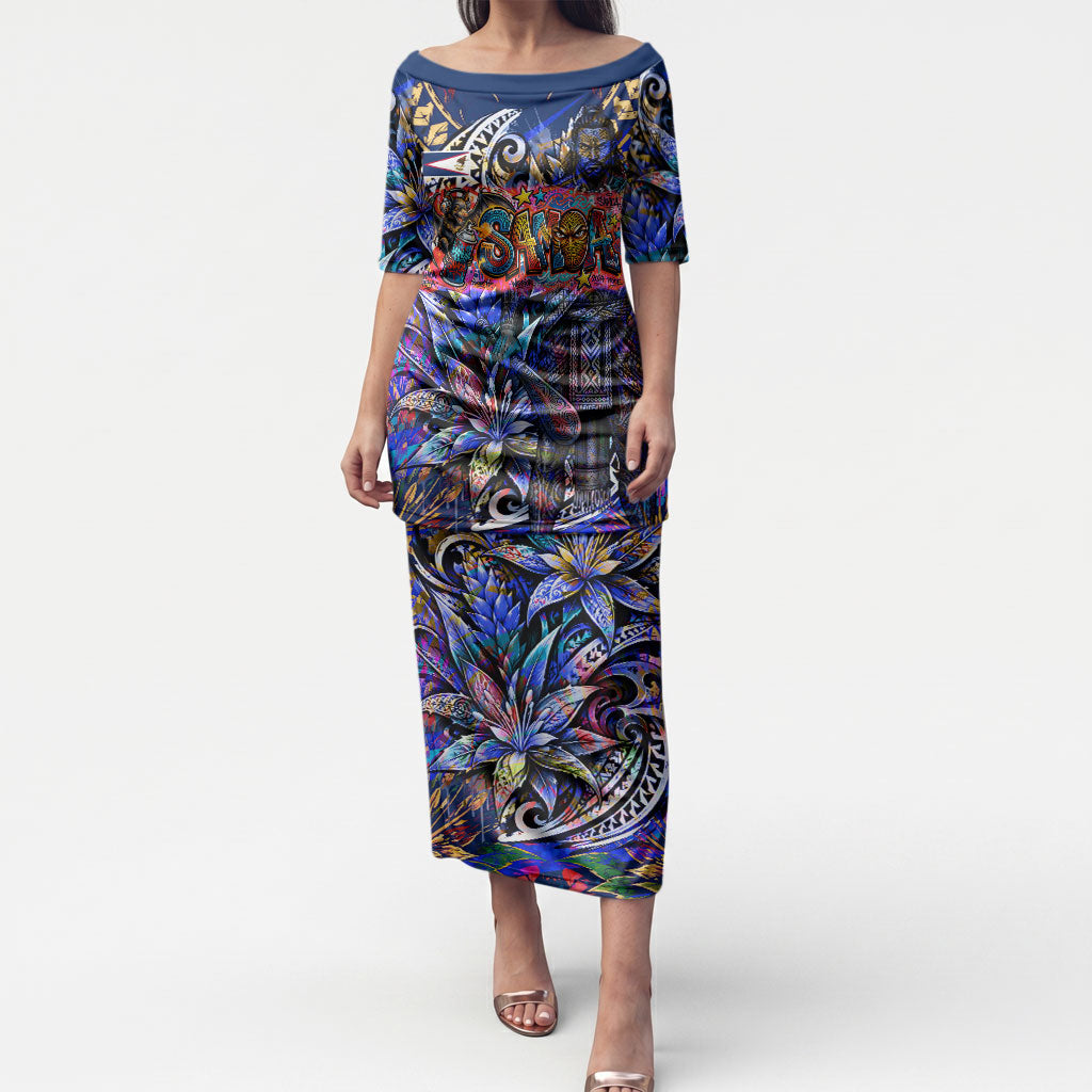 American Samoa Warrior Puletasi Polynesian Fruit Bat Talofa Urban Graffiti Street Art TS04 Long Dress Blue Yellow - Polynesian Pride