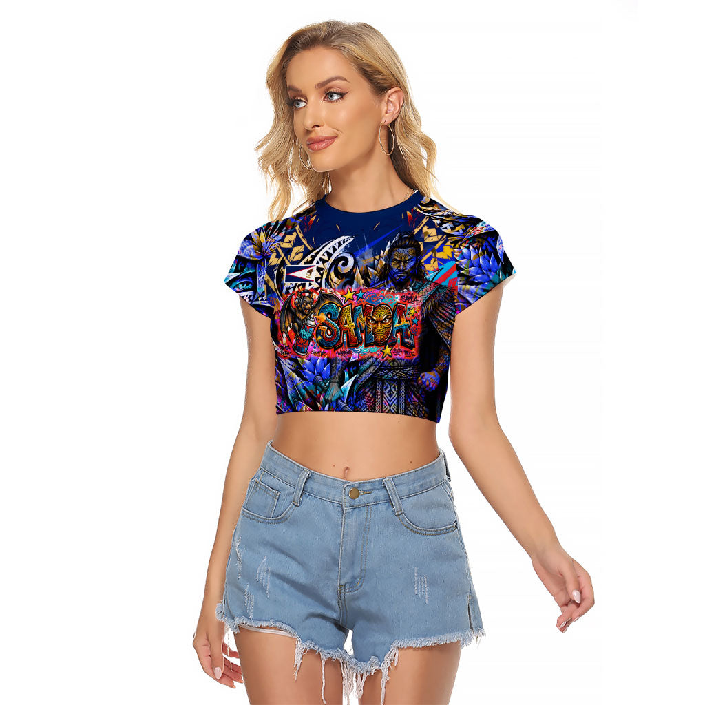 American Samoa Warrior Raglan Cropped T Shirt Polynesian Fruit Bat Talofa Urban Graffiti Street Art TS04 Female Blue Yellow - Polynesian Pride