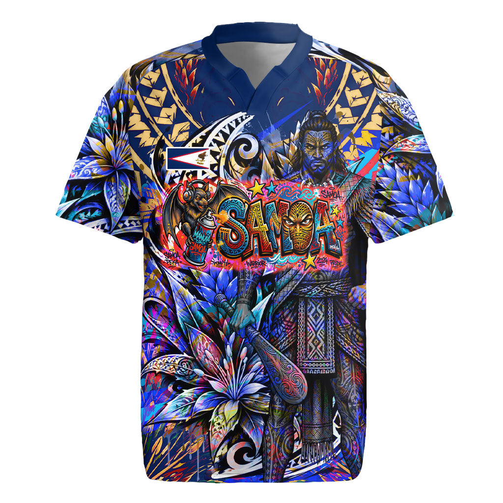 American Samoa Warrior Rugby Jersey Polynesian Fruit Bat Talofa Urban Graffiti Street Art TS04 Blue Yellow - Polynesian Pride