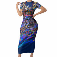 American Samoa Warrior Short Sleeve Bodycon Dress Polynesian Fruit Bat Talofa Urban Graffiti Street Art TS04 Long Dress Blue Yellow - Polynesian Pride