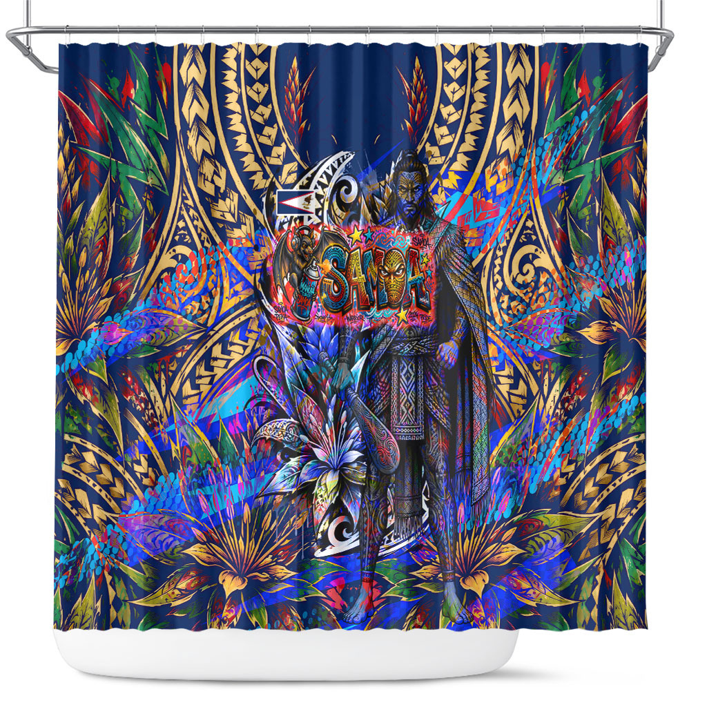American Samoa Warrior Shower Curtain Polynesian Fruit Bat Talofa Urban Graffiti Street Art TS04 Blue Yellow - Polynesian Pride