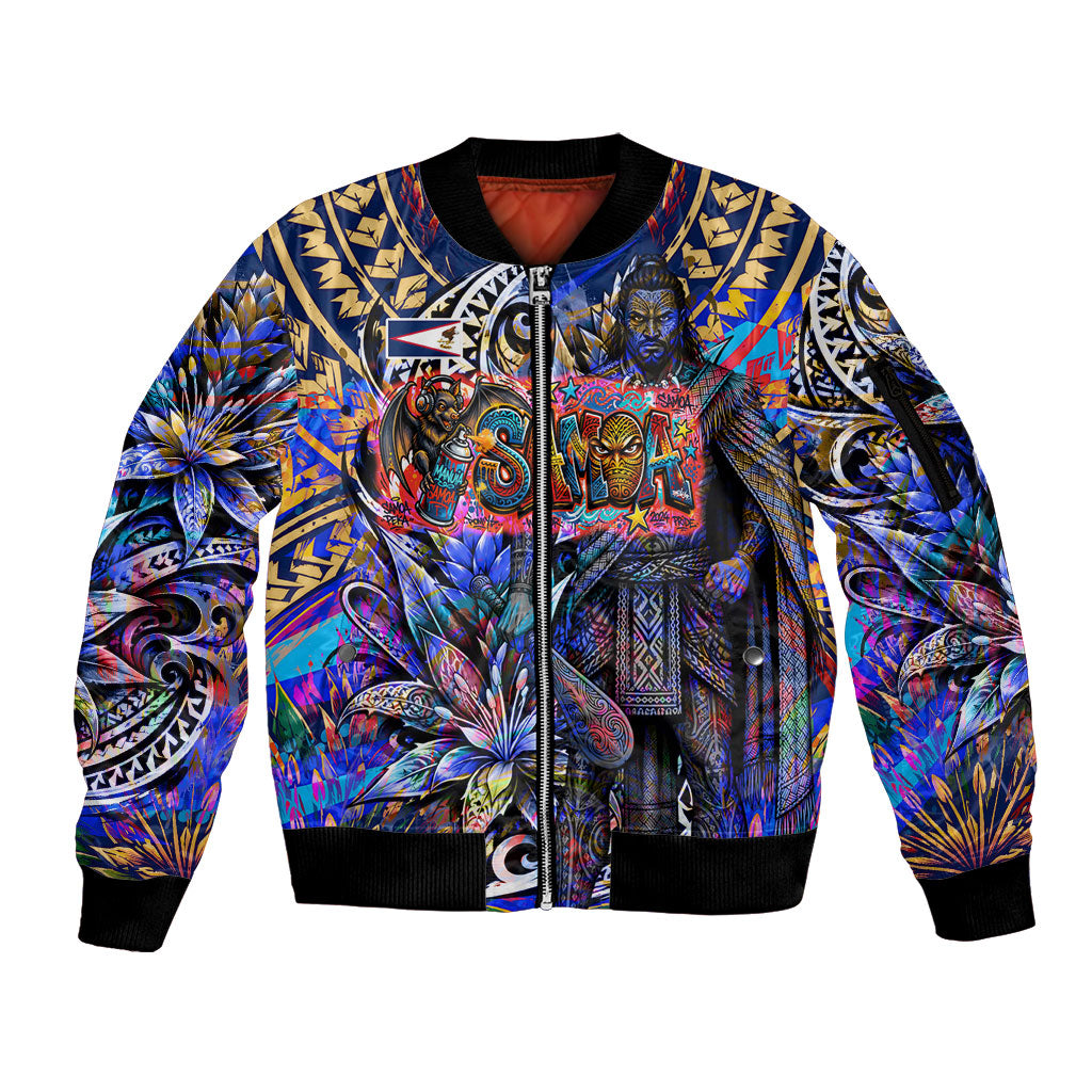 American Samoa Warrior Sleeve Zip Bomber Jacket Polynesian Fruit Bat Talofa Urban Graffiti Street Art TS04 Unisex Blue Yellow - Polynesian Pride