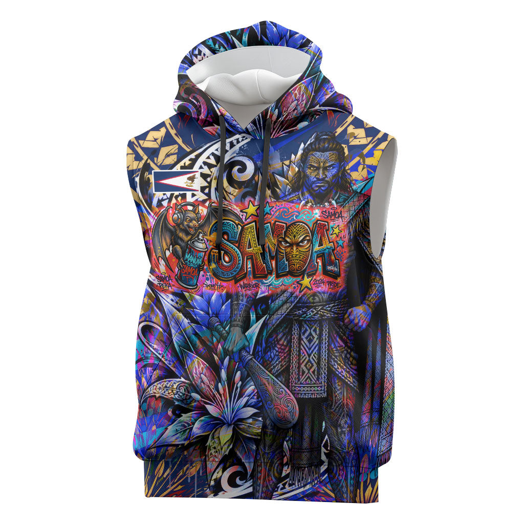 American Samoa Warrior Sleeveless Hoodie Polynesian Fruit Bat Talofa Urban Graffiti Street Art TS04 Blue Yellow - Polynesian Pride