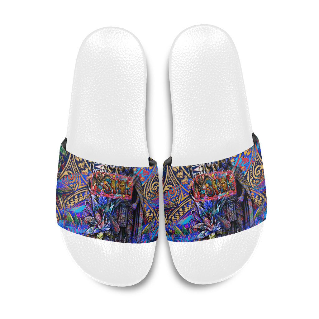 American Samoa Warrior Slide Sandals Polynesian Fruit Bat Talofa Urban Graffiti Street Art TS04 Blue Yellow - Polynesian Pride