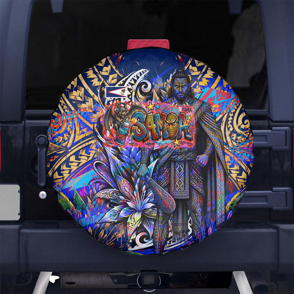 American Samoa Warrior Spare Tire Cover Polynesian Fruit Bat Talofa Urban Graffiti Street Art TS04 No hole Blue Yellow - Polynesian Pride