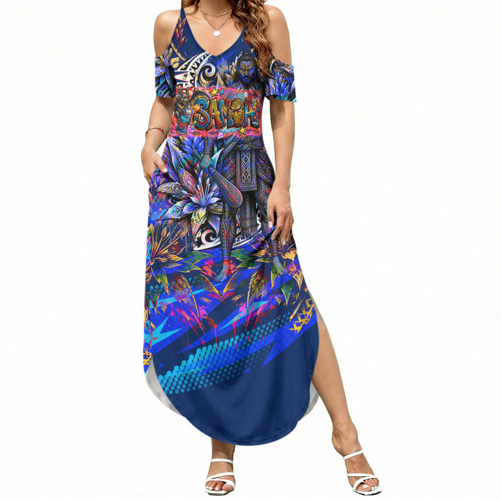 American Samoa Warrior Summer Maxi Dress Polynesian Fruit Bat Talofa Urban Graffiti Street Art TS04 Women Blue Yellow - Polynesian Pride
