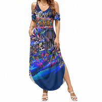 American Samoa Warrior Summer Maxi Dress Polynesian Fruit Bat Talofa Urban Graffiti Street Art TS04 Women Blue Yellow - Polynesian Pride