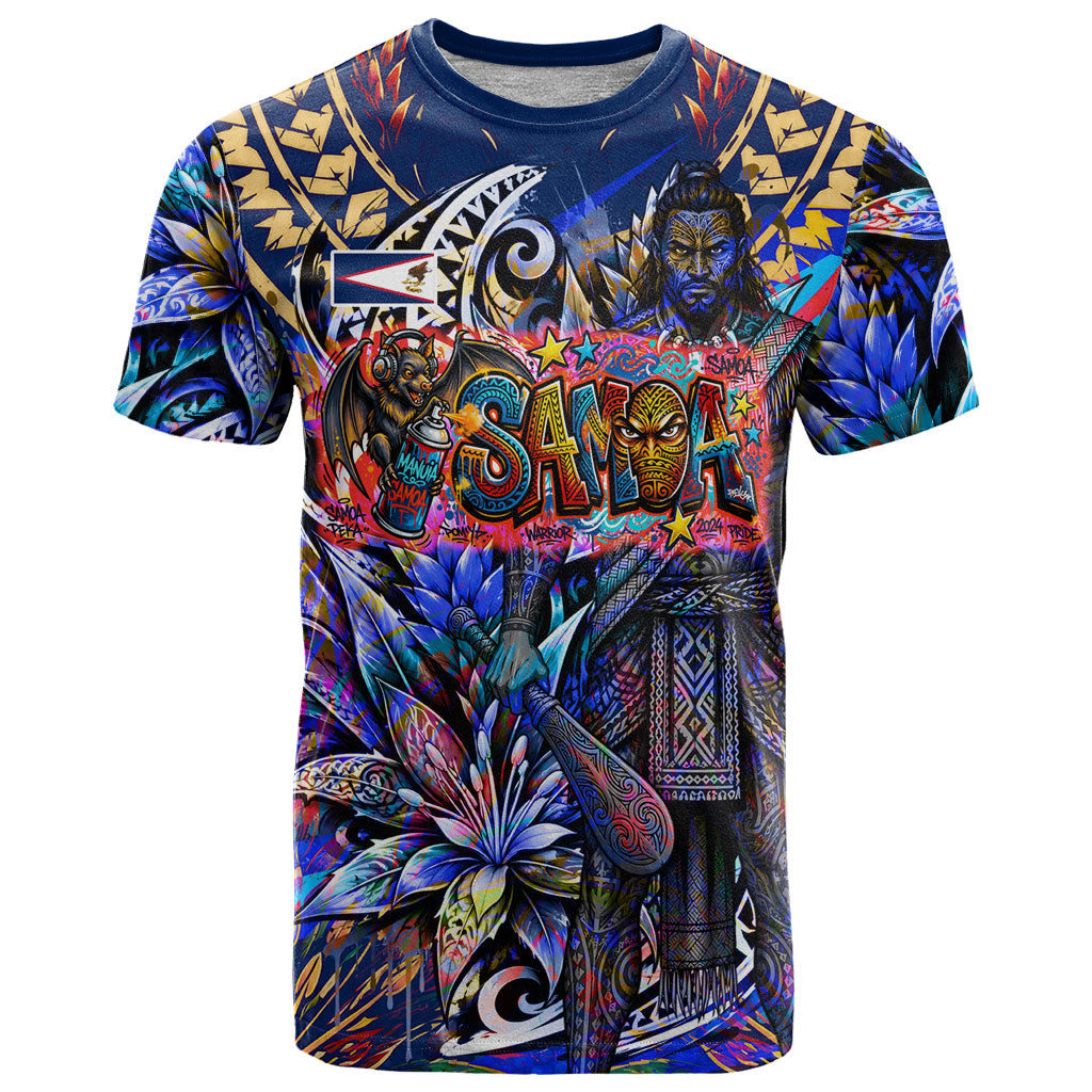 American Samoa Warrior T Shirt Polynesian Fruit Bat Talofa Urban Graffiti Street Art TS04 Blue Yellow - Polynesian Pride
