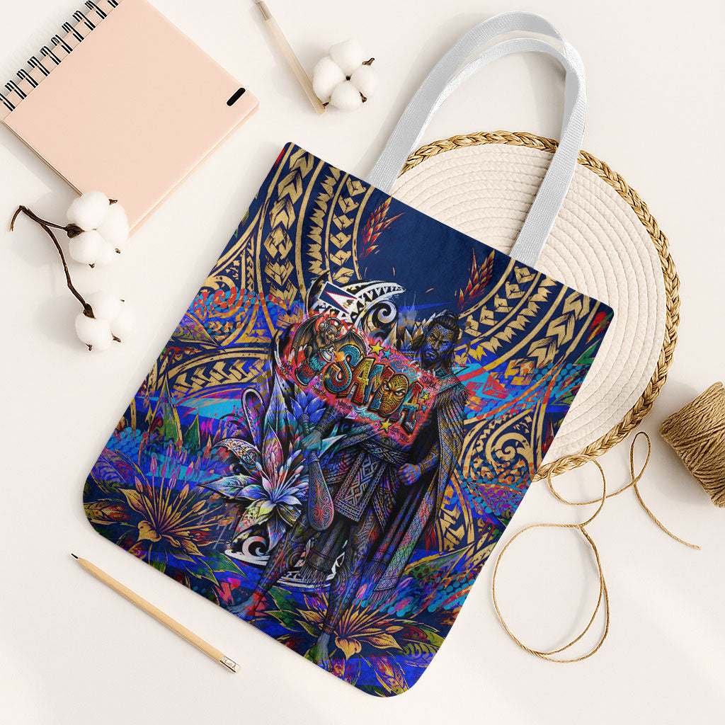 American Samoa Warrior Tote Bag Polynesian Fruit Bat Talofa Urban Graffiti Street Art TS04 White Strap One Size Blue Yellow - Polynesian Pride
