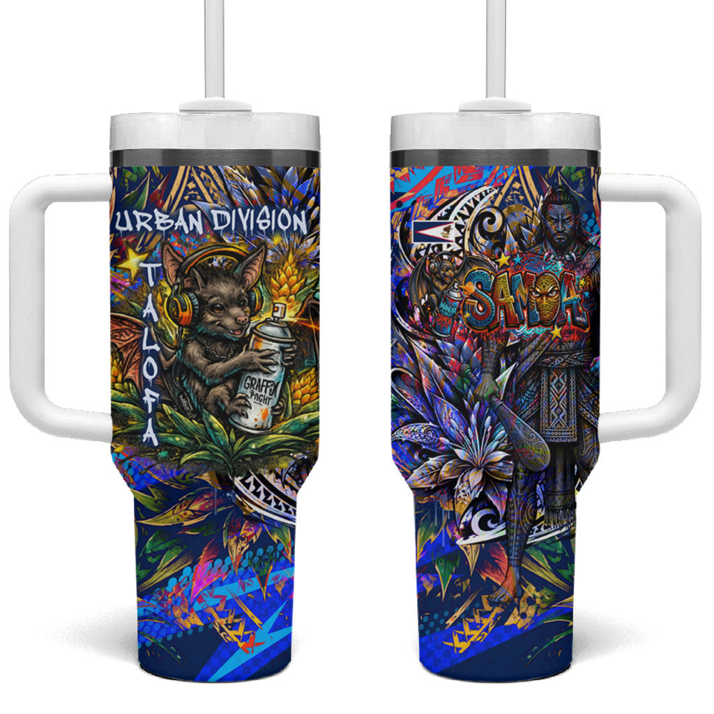 American Samoa Warrior Tumbler With Handle Polynesian Fruit Bat Talofa Urban Graffiti Street Art TS04 One Size: 40 oz Blue Yellow - Polynesian Pride