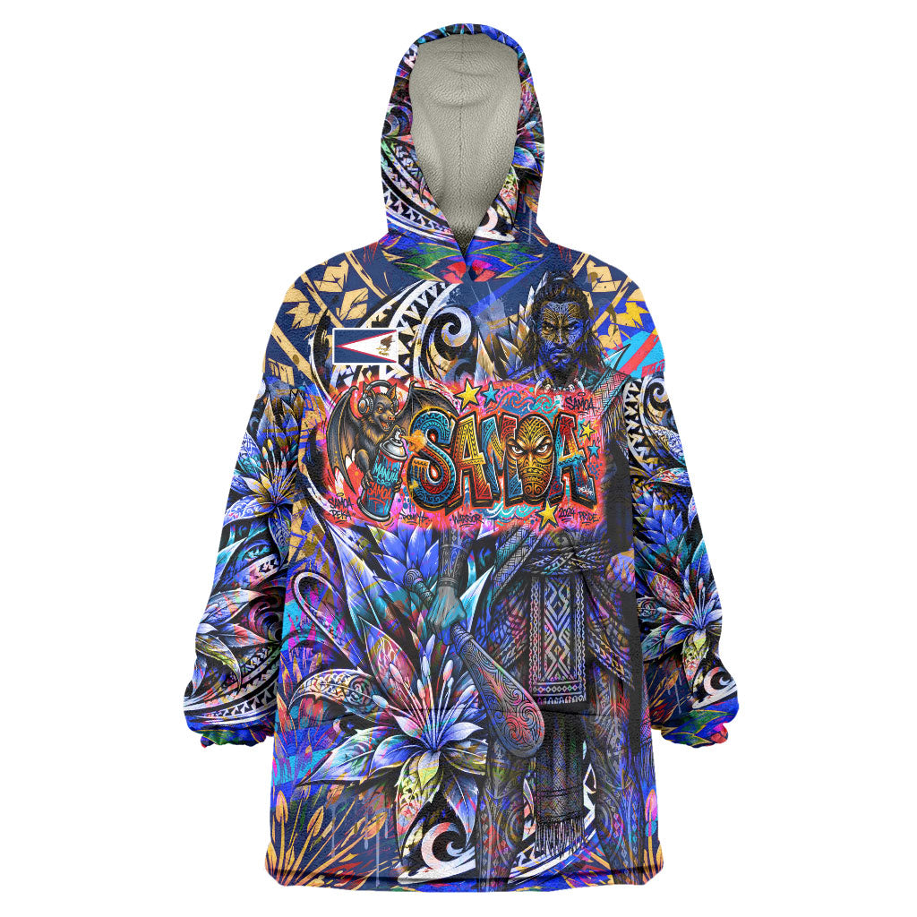 American Samoa Warrior Wearable Blanket Hoodie Polynesian Fruit Bat Talofa Urban Graffiti Street Art TS04 One Size Blue Yellow - Polynesian Pride