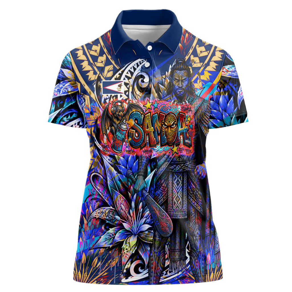 American Samoa Warrior Women Polo Shirt Polynesian Fruit Bat Talofa Urban Graffiti Street Art TS04 Female Blue Yellow - Polynesian Pride