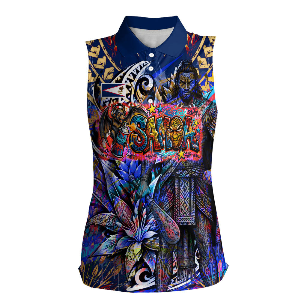 American Samoa Warrior Women Sleeveless Polo Shirt Polynesian Fruit Bat Talofa Urban Graffiti Street Art TS04 Female Blue Yellow - Polynesian Pride