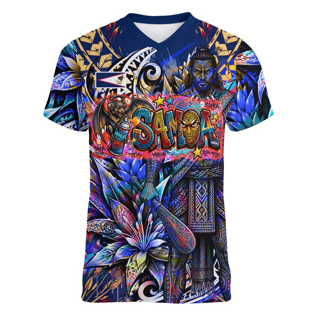American Samoa Warrior Women V-Neck T-Shirt Polynesian Fruit Bat Talofa Urban Graffiti Street Art TS04 Female Blue Yellow - Polynesian Pride