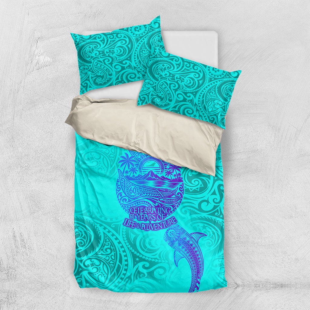 Personalized Polynesian 60th Birthday Island Life Since 1966 Bedding Set Vibrant Tribal Tattoo Ocean Sunset Pattern TS04 US Twin 172cm x 218cm Blue Purple - Polynesian Pride