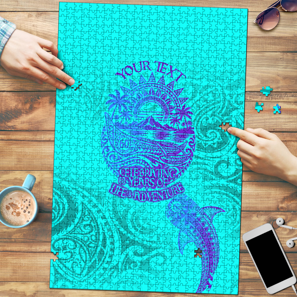 Personalized Polynesian 60th Birthday Island Life Since 1966 Puzzle Vibrant Tribal Tattoo Ocean Sunset Pattern TS04 Blue Purple - Polynesian Pride
