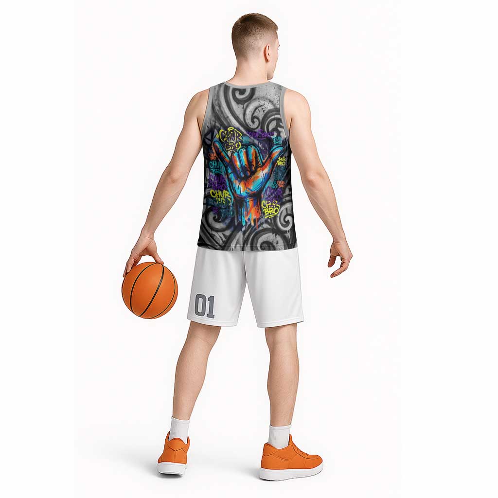 Chur Bro Shaka Sign Basketball Jersey New Zealand Koru Colorful Graffiti Splash