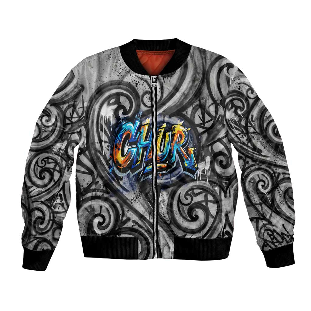 Chur Bro Shaka Sign Bomber Jacket New Zealand Koru Colorful Graffiti Splash