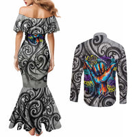 Chur Bro Shaka Sign Couples Matching Mermaid Dress and Long Sleeve Button Shirt New Zealand Koru Colorful Graffiti Splash TS04 - Polynesian Pride