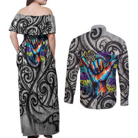 Chur Bro Shaka Sign Couples Matching Off Shoulder Maxi Dress and Long Sleeve Button Shirt New Zealand Koru Colorful Graffiti Splash TS04 - Polynesian Pride