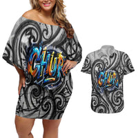 Chur Bro Shaka Sign Couples Matching Off Shoulder Short Dress and Hawaiian Shirt New Zealand Koru Colorful Graffiti Splash TS04 Multicolor - Polynesian Pride
