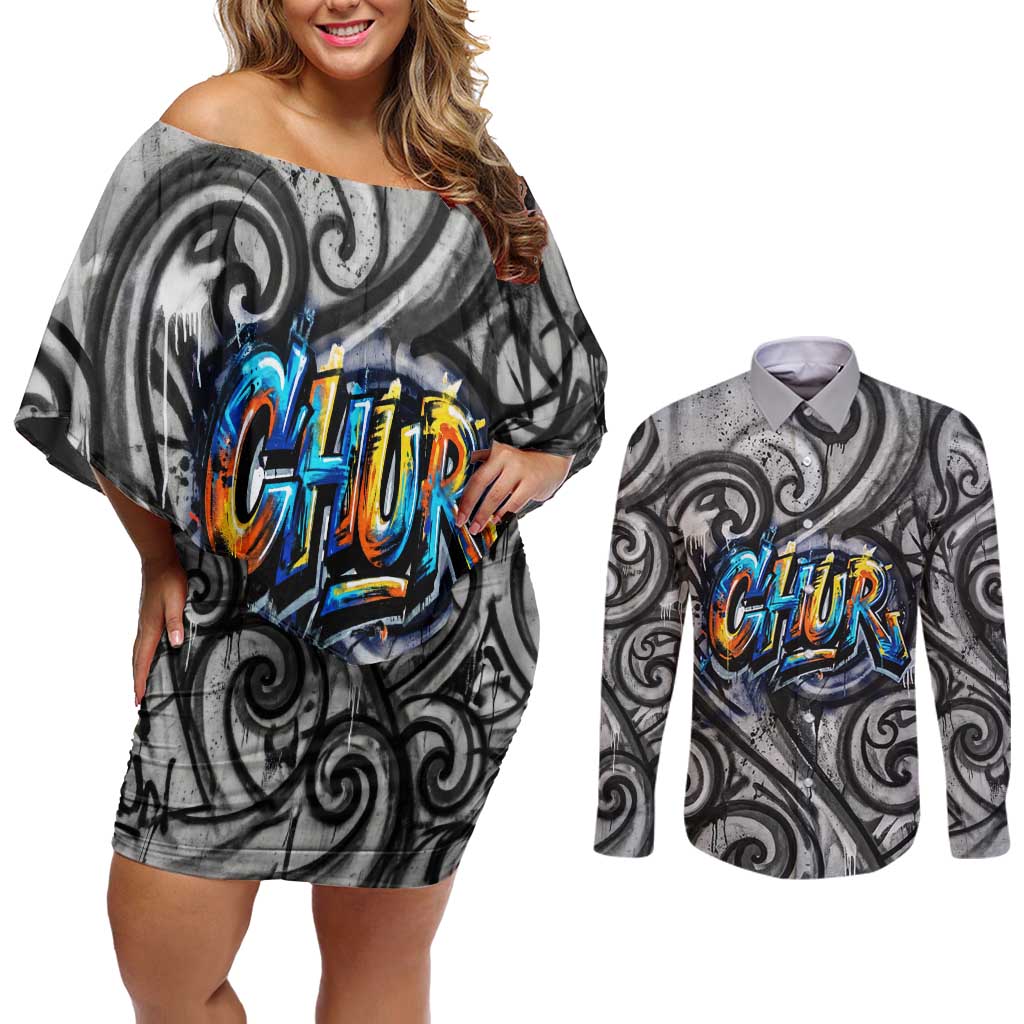 Chur Bro Shaka Sign Couples Matching Off Shoulder Short Dress and Long Sleeve Button Shirt New Zealand Koru Colorful Graffiti Splash TS04 Multicolor - Polynesian Pride