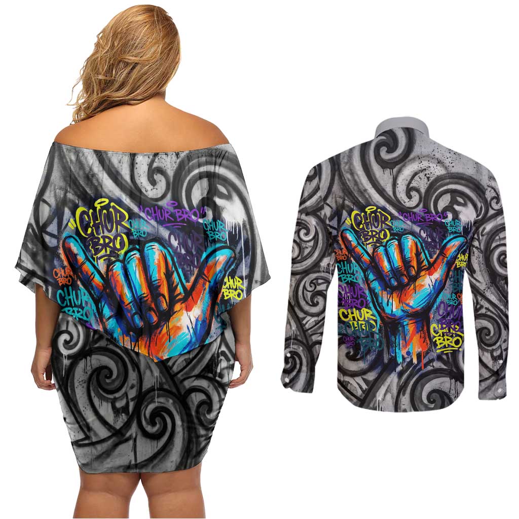 Chur Bro Shaka Sign Couples Matching Off Shoulder Short Dress and Long Sleeve Button Shirt New Zealand Koru Colorful Graffiti Splash TS04 - Polynesian Pride