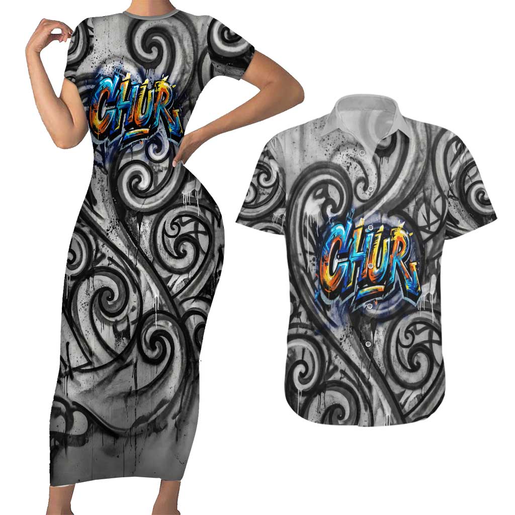 Chur Bro Shaka Sign Couples Matching Short Sleeve Bodycon Dress and Hawaiian Shirt New Zealand Koru Colorful Graffiti Splash TS04 Multicolor - Polynesian Pride