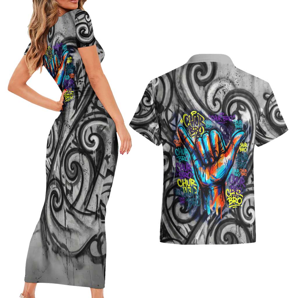Chur Bro Shaka Sign Couples Matching Short Sleeve Bodycon Dress and Hawaiian Shirt New Zealand Koru Colorful Graffiti Splash TS04 - Polynesian Pride