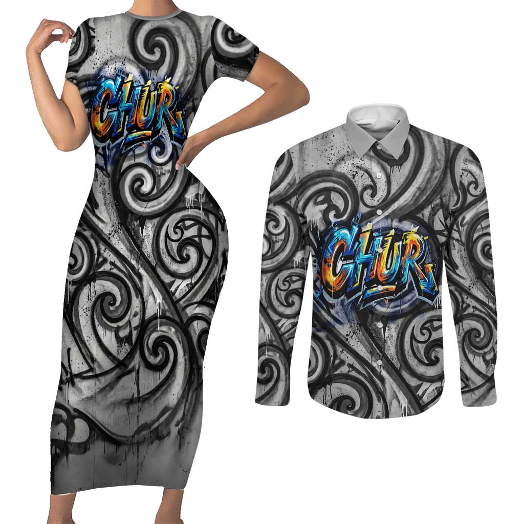 Chur Bro Shaka Sign Couples Matching Short Sleeve Bodycon Dress and Long Sleeve Button Shirt New Zealand Koru Colorful Graffiti Splash TS04 Multicolor - Polynesian Pride