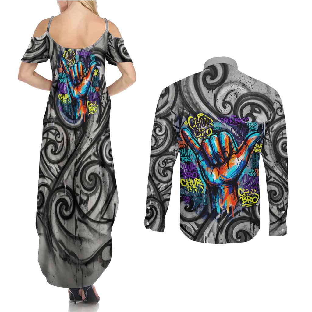 Chur Bro Shaka Sign Couples Matching Summer Maxi Dress and Long Sleeve Button Shirt New Zealand Koru Colorful Graffiti Splash TS04 - Polynesian Pride