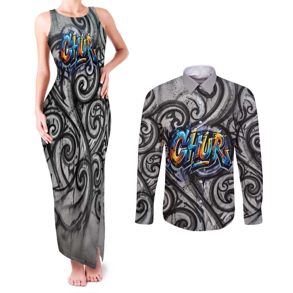 Chur Bro Shaka Sign Couples Matching Tank Maxi Dress and Long Sleeve Button Shirt New Zealand Koru Colorful Graffiti Splash