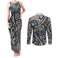 Chur Bro Shaka Sign Couples Matching Tank Maxi Dress and Long Sleeve Button Shirt New Zealand Koru Colorful Graffiti Splash TS04 Multicolor - Polynesian Pride