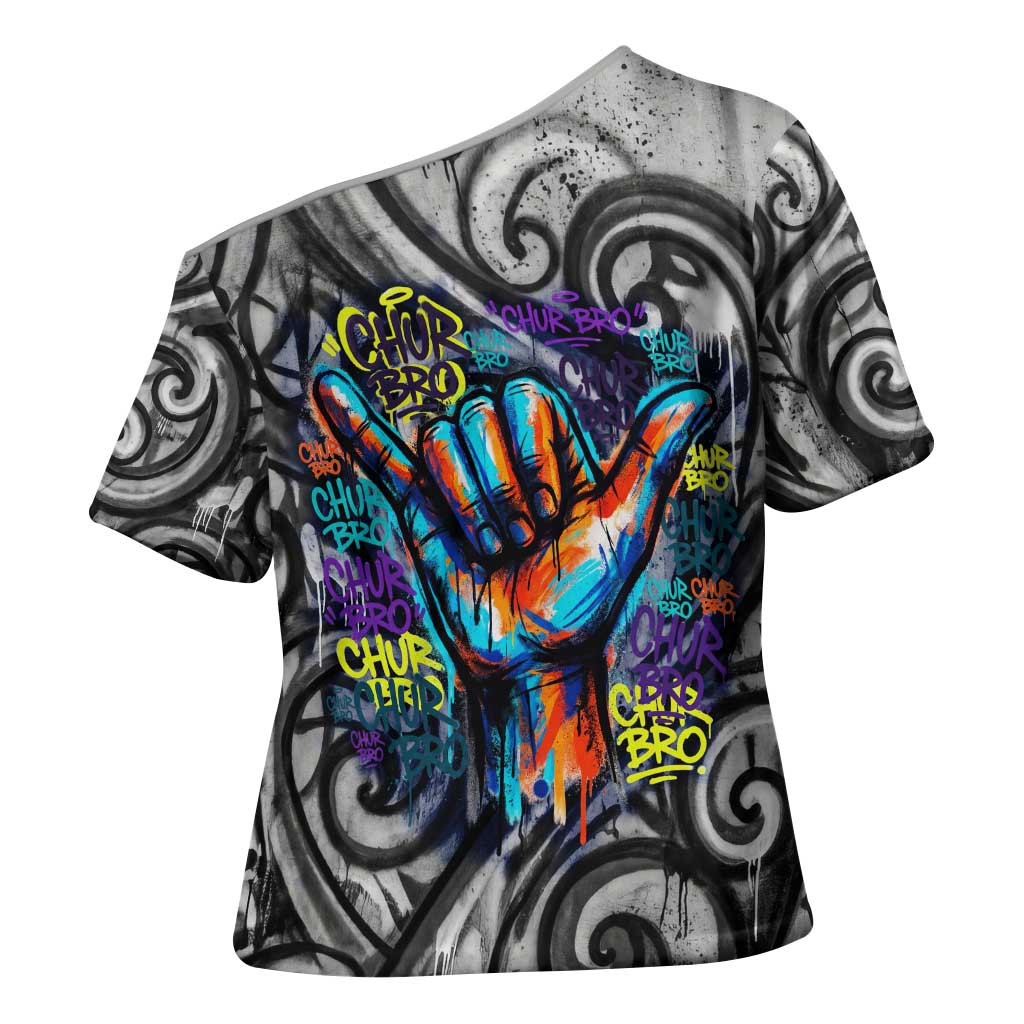 Chur Bro Shaka Sign Cross Shoulder Shirt New Zealand Koru Colorful Graffiti Splash